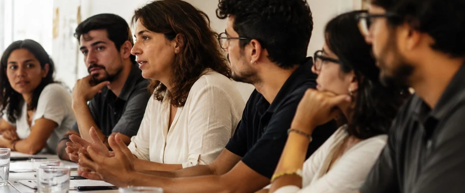 Microfone sobre o atril com a plateia sentada ao fundo, fora de foco