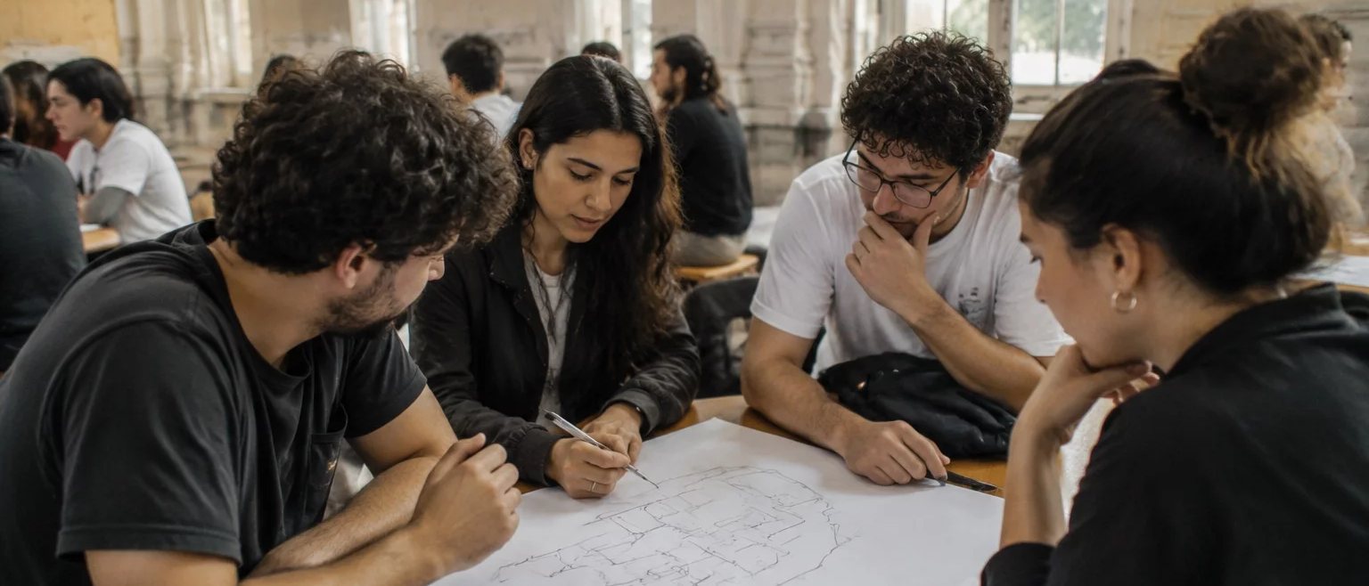Participantes com mochilas conversando no corredor antes do encontro