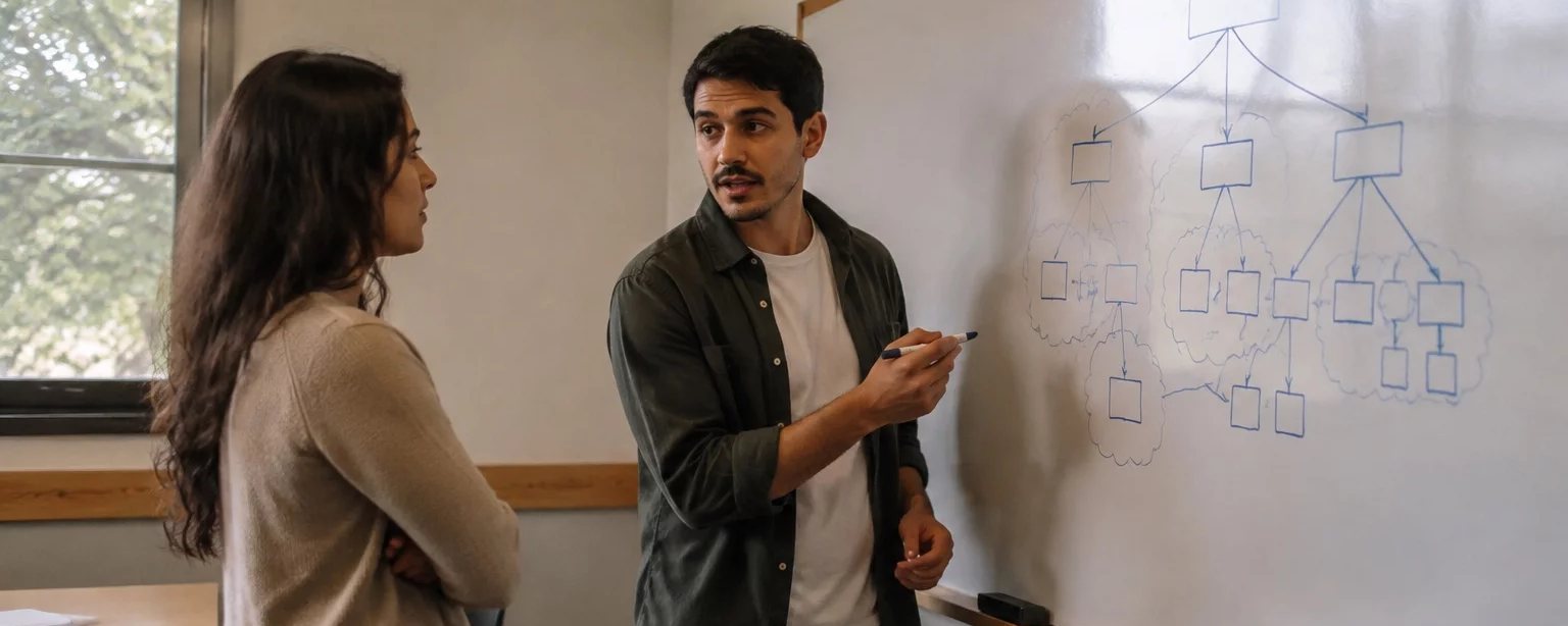 Sala clara de reunião com uma pessoa explicando um ponto ao grupo sentado